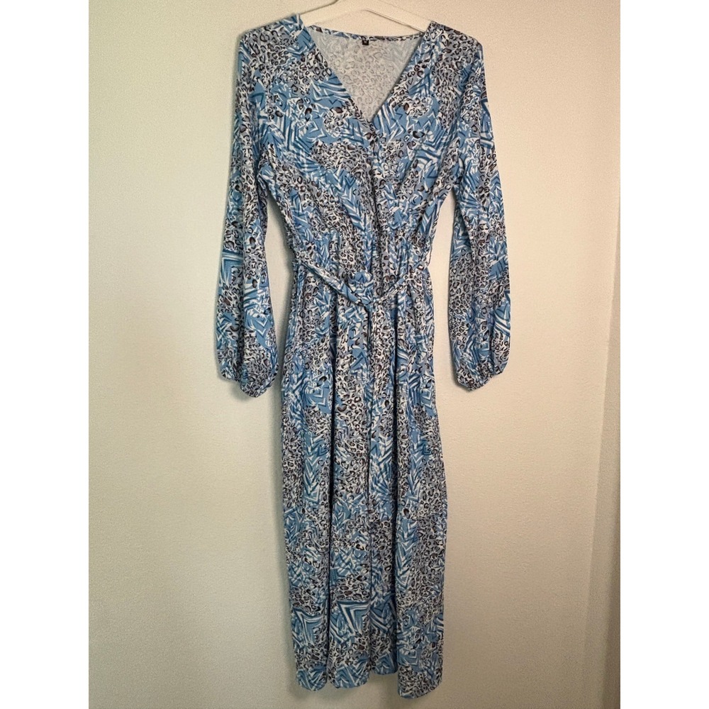 Blue Geometric Animal Print V-Neck Wrap Maxi Dress Long Sleeve Size M